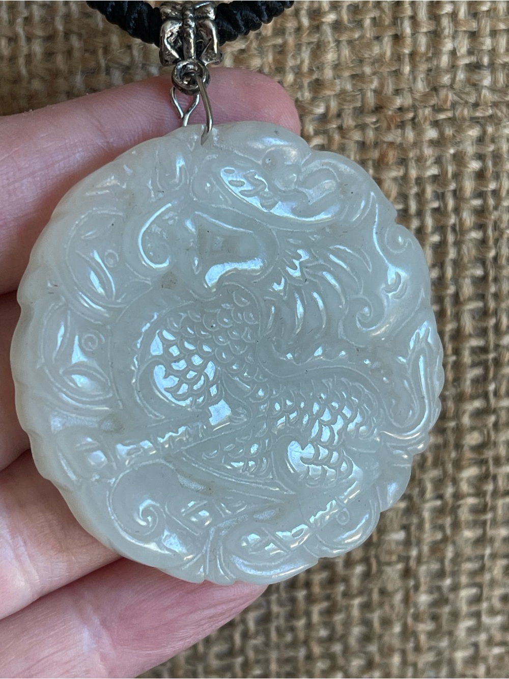 Carved Chinese White Jade Dragon Pendant Necklace .